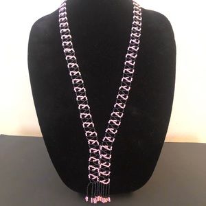 🌸VTG Native American Black and Pink Glass Seed Necklace with Fringe